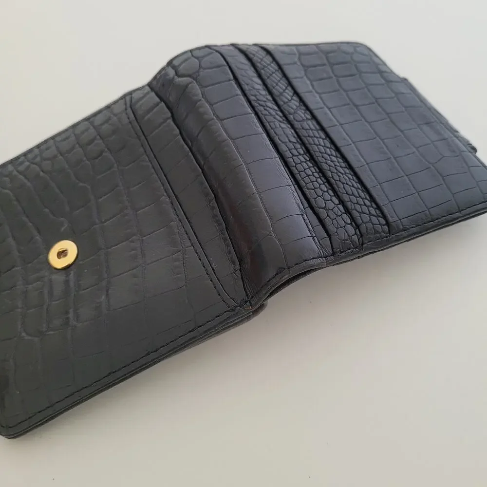 Leather Jewels Leather Wallet Bifold Credit Card Bill Croc Black‎ Small Compact
